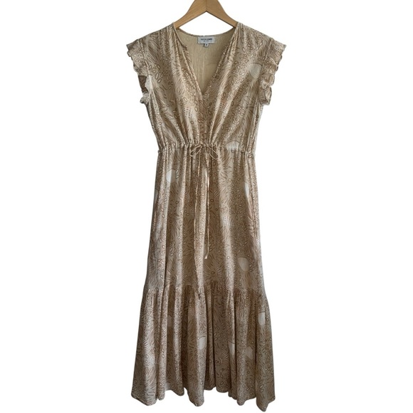 OLIVIA JAMES Delia Midi Dress in Summer Shells Sand | Tan Flutter Sleeve Medium - Picture 1 of 6